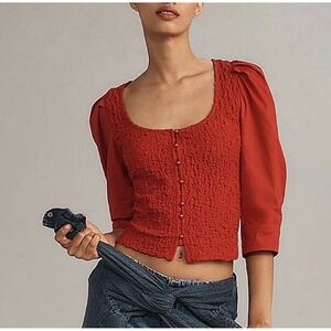 Anthropologie Red Textured Smocked Puff Sleeve Button Front Crop Top | Large